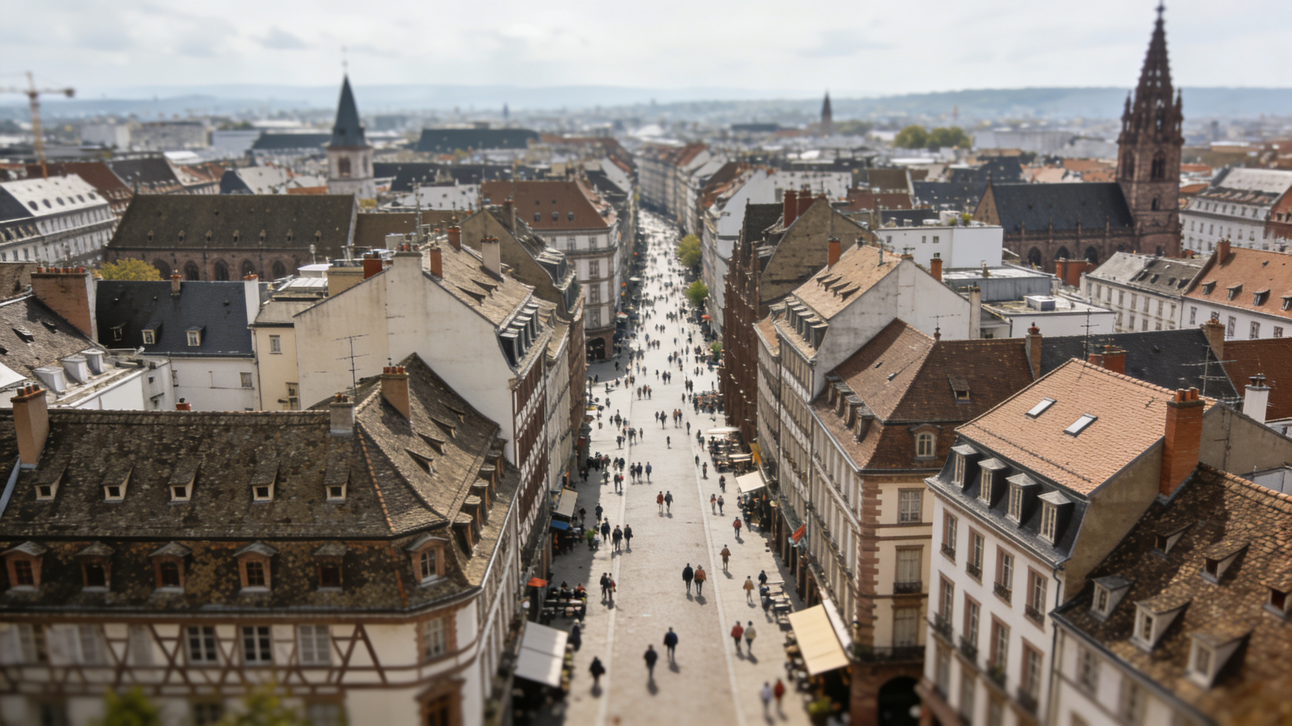 Vue aerienne de Strasbourg avec rues peuplees