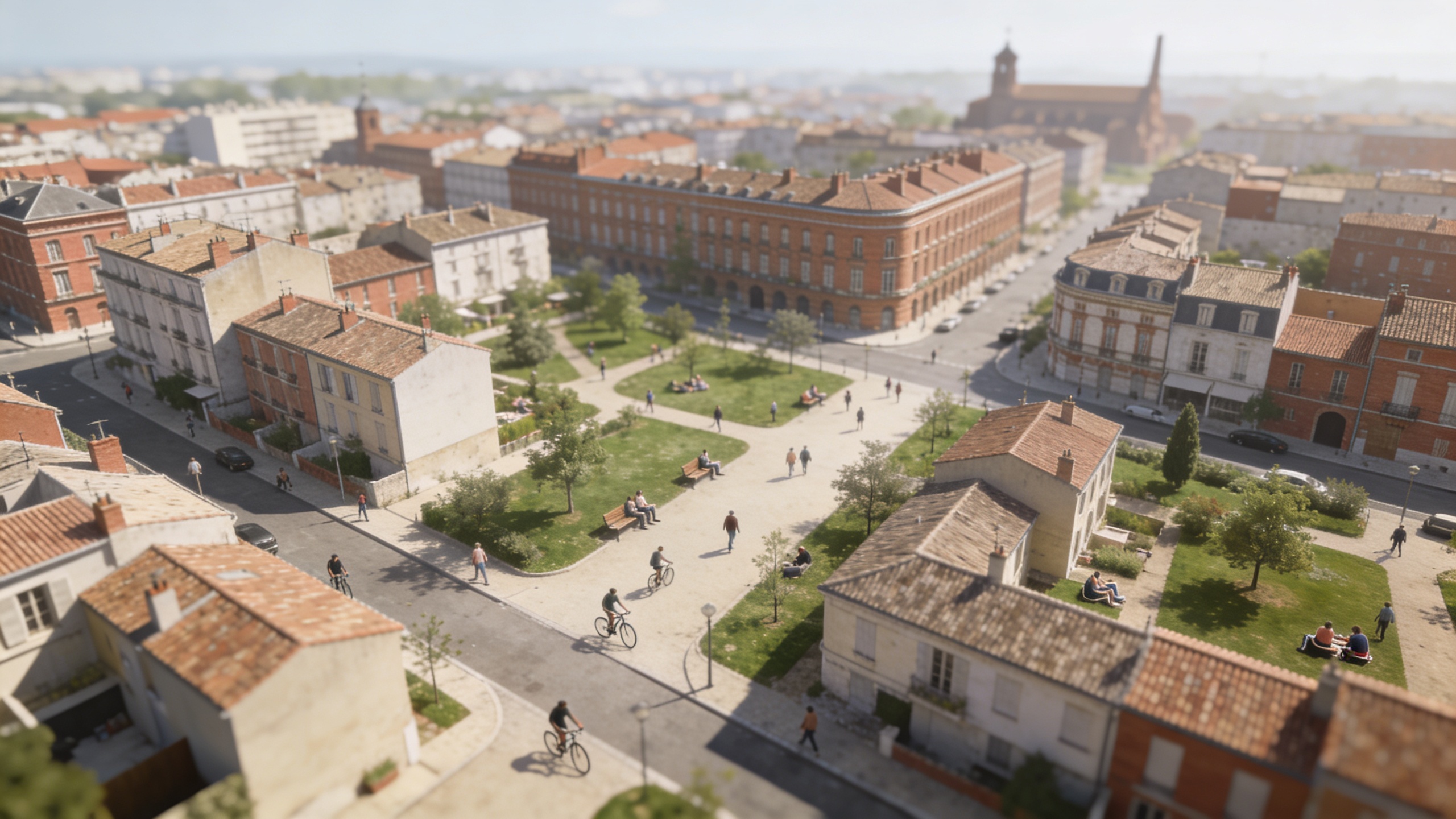 Vue aerienne de Toulouse avec quartiers et habitants
