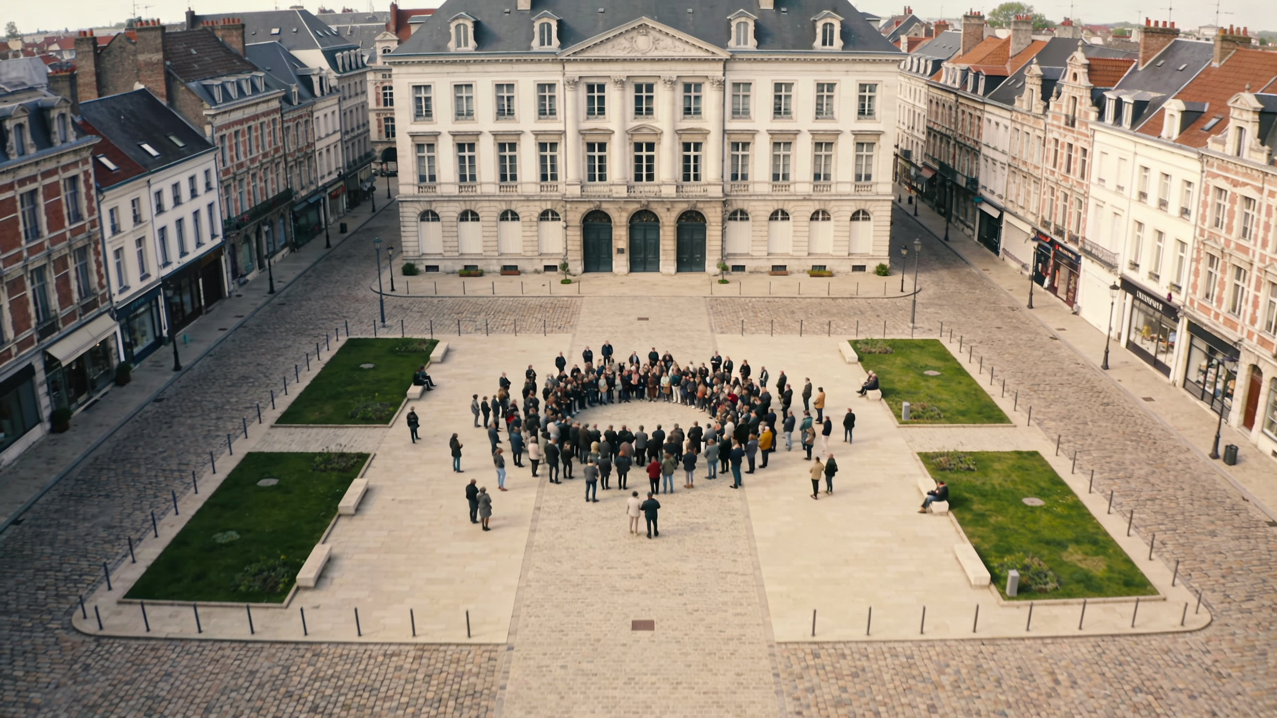 Vue aerienne de Valenciennes avec foule sur une place