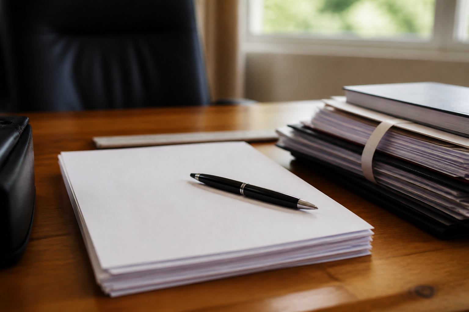 Acte notarie posé sur bureau avec stylo et dossier immobilier
