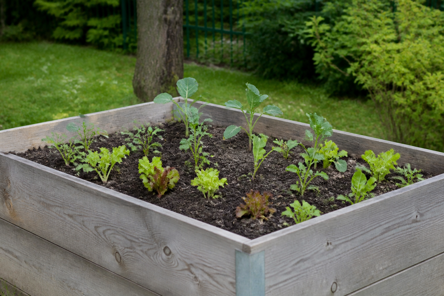Bac de culture sureleve en bois rempli de terre et plants