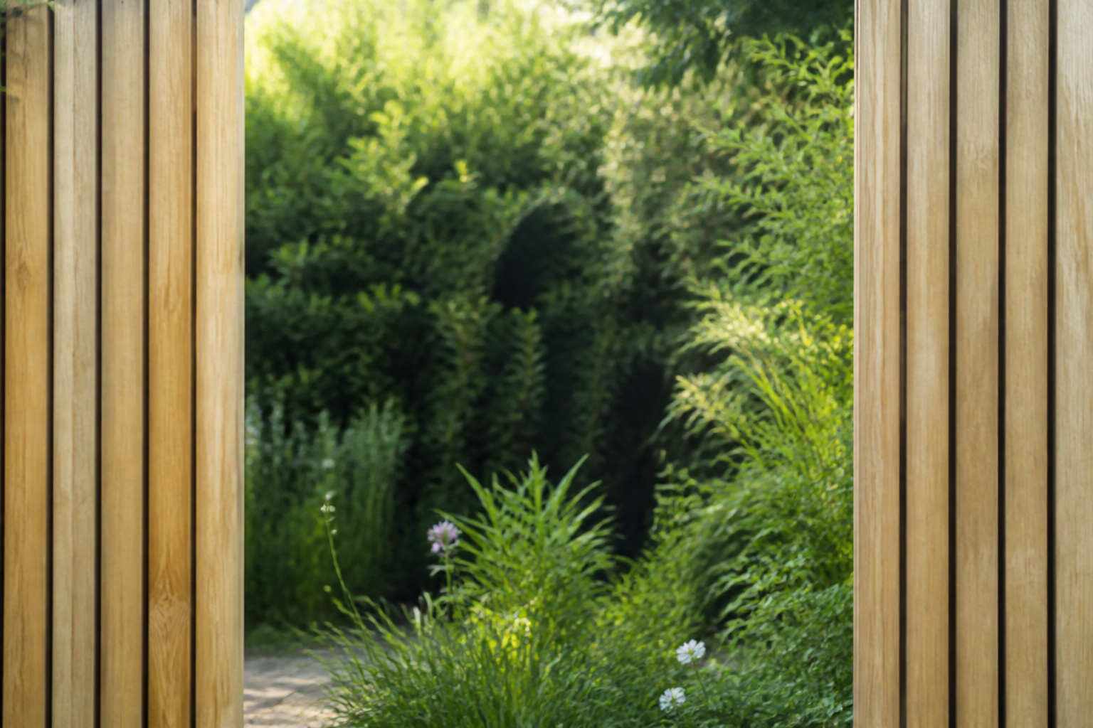 Panneaux bois verticaux encadrant un jardin verdoyant
