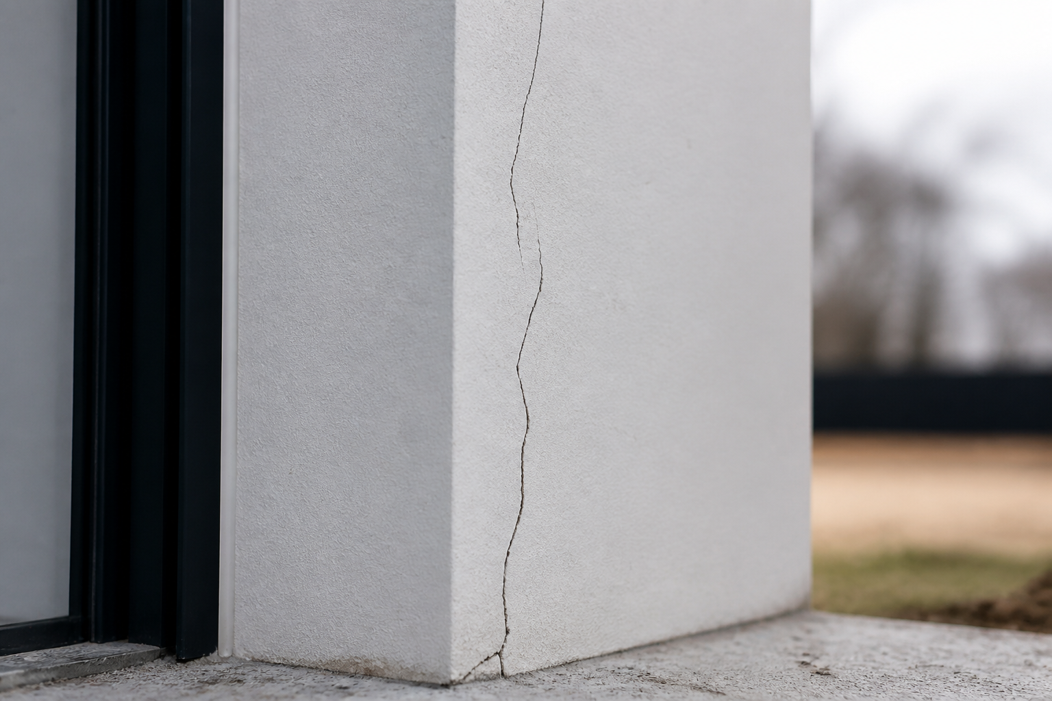 Fissure verticale visible sur mur blanc de construction neuve