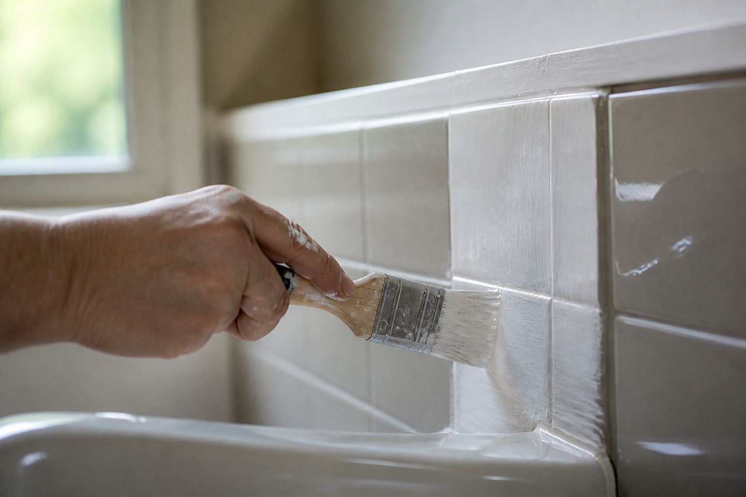 Pinceau appliquant peinture blanche sur carrelage salle bains