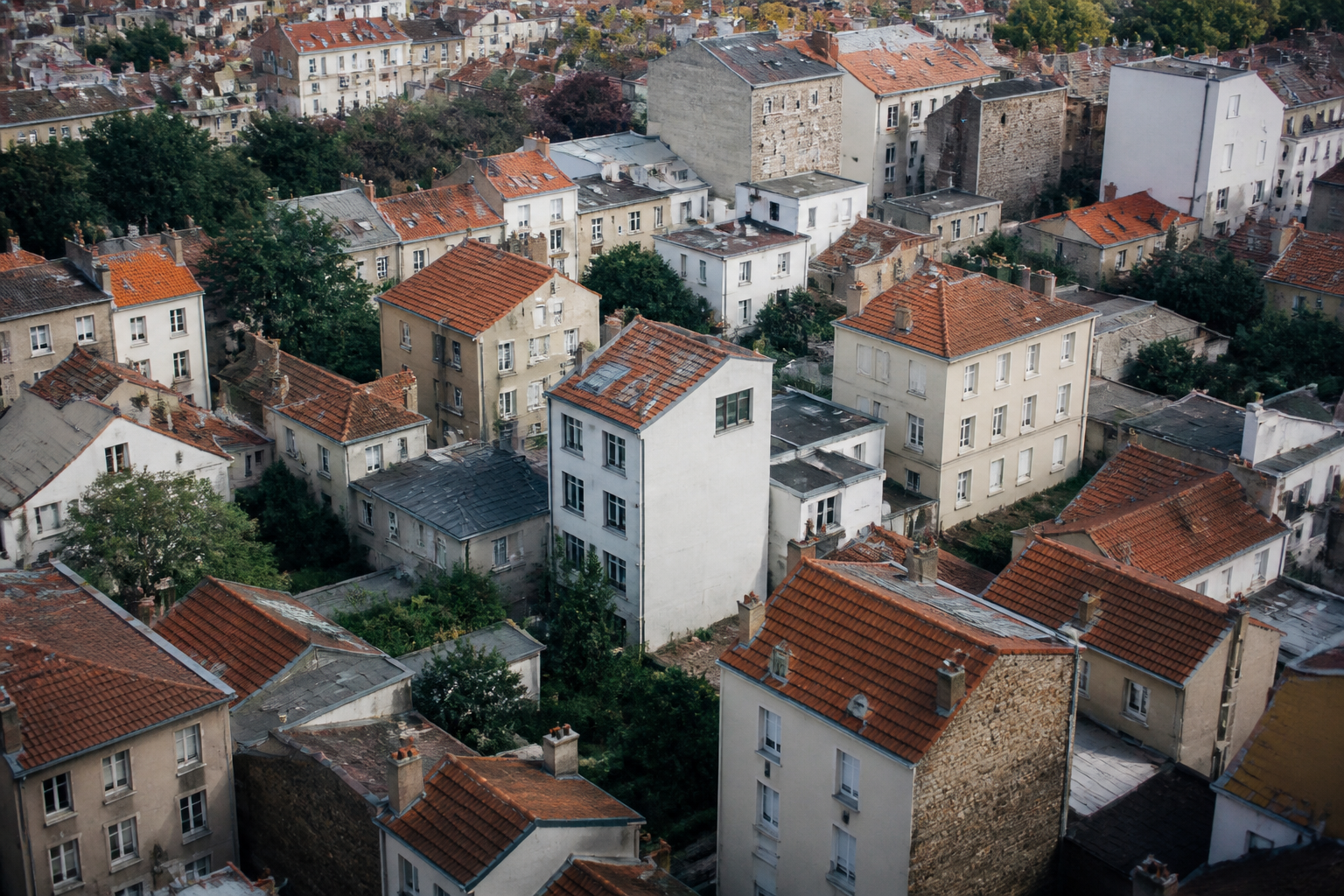 Vue aerienne de batiments residentiels disposes dans quartier urbain