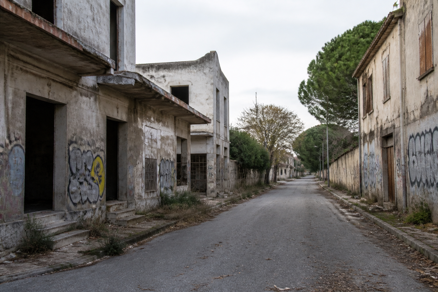 Rue deserter de Frejus avec batiments abandonnes et graffitis visibles