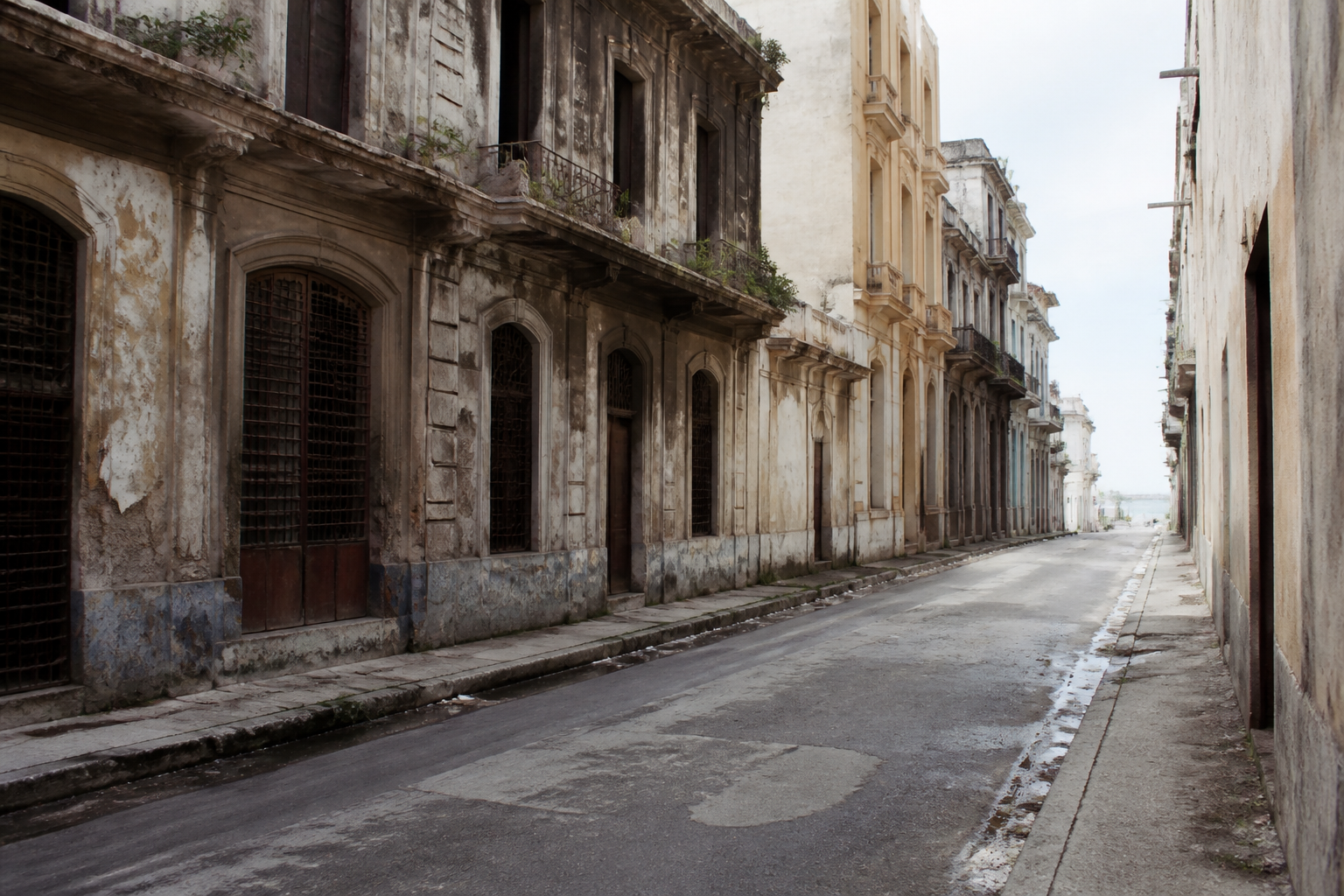 Rue desertes avec batiments abandonnes et facades degradees