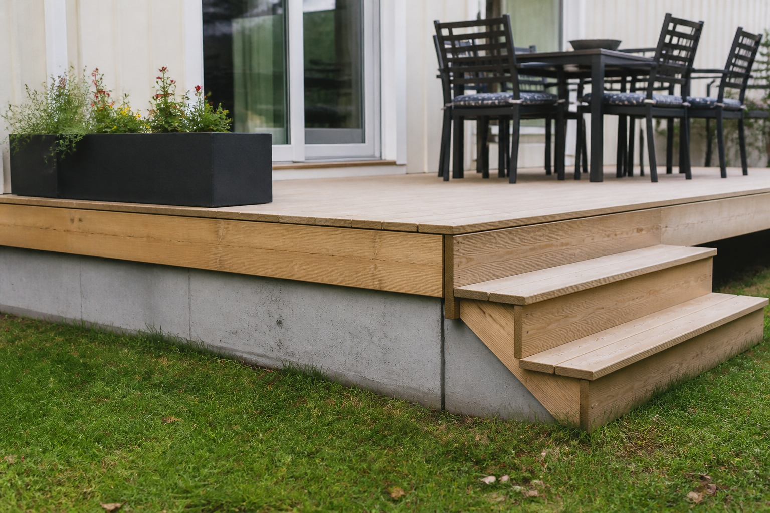 Terrasse en bois sureleve sur fondations beton gris