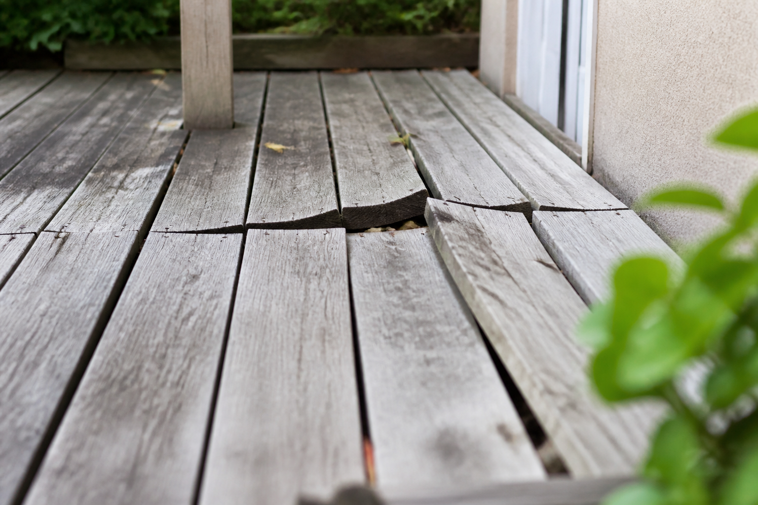 Terrasse en bois ancien avec planches soulevees necessitant restauration