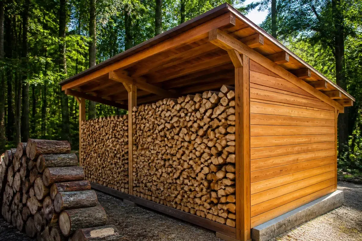 Abri bois ouvert couverts avec buches empilees dehors