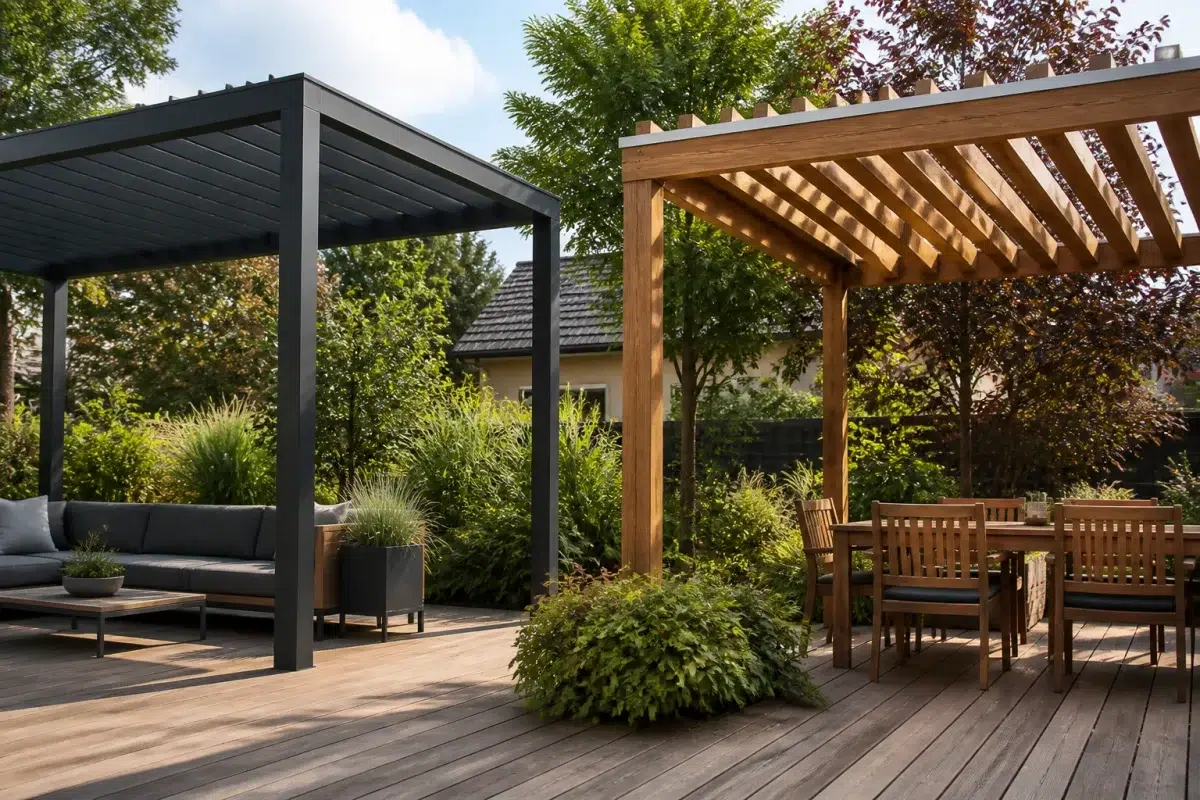 Structures metalliques et bois comparees sur terrasse jardin