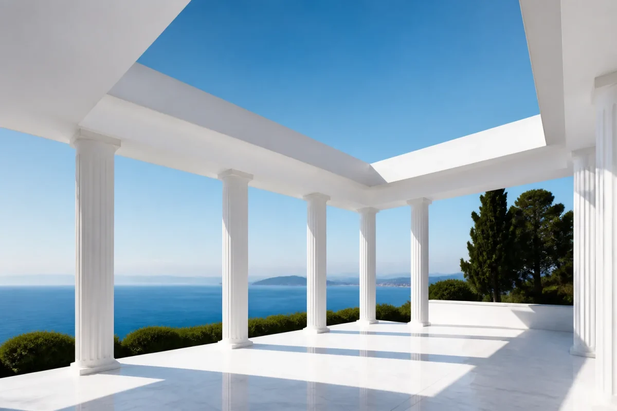 Structure blanche minimaliste avec colonnes grecques et toit ouvert