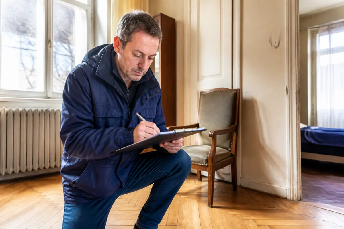 Agent completant document dans logement lors inspection