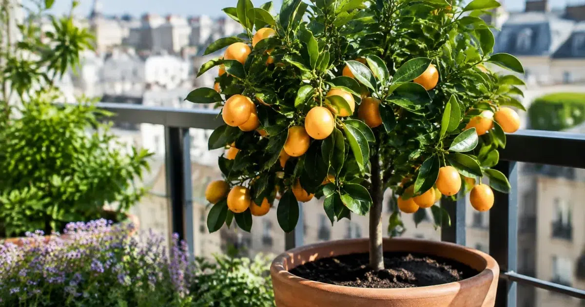 Petit agrume précieux cultivé en conteneur sur balcon urbain