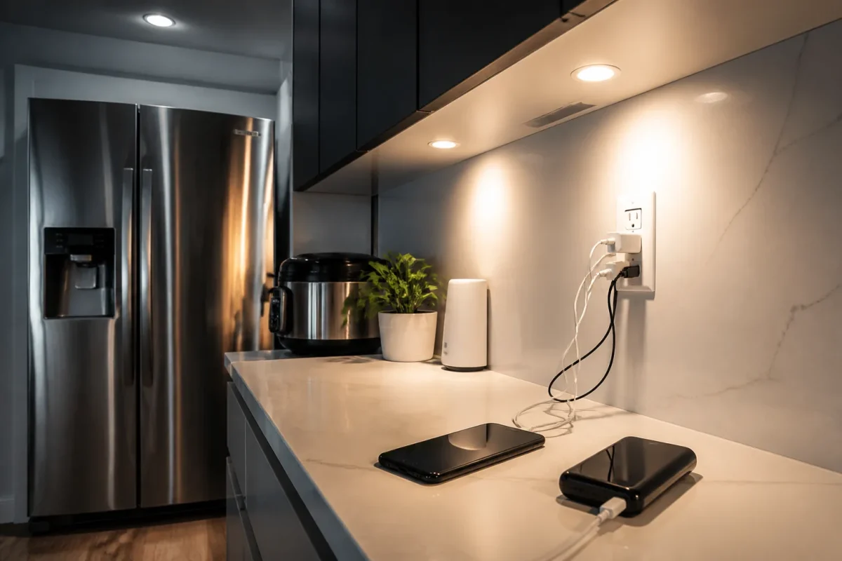 Ampoules LED, refrigerateur et chargeurs dans une cuisine moderne