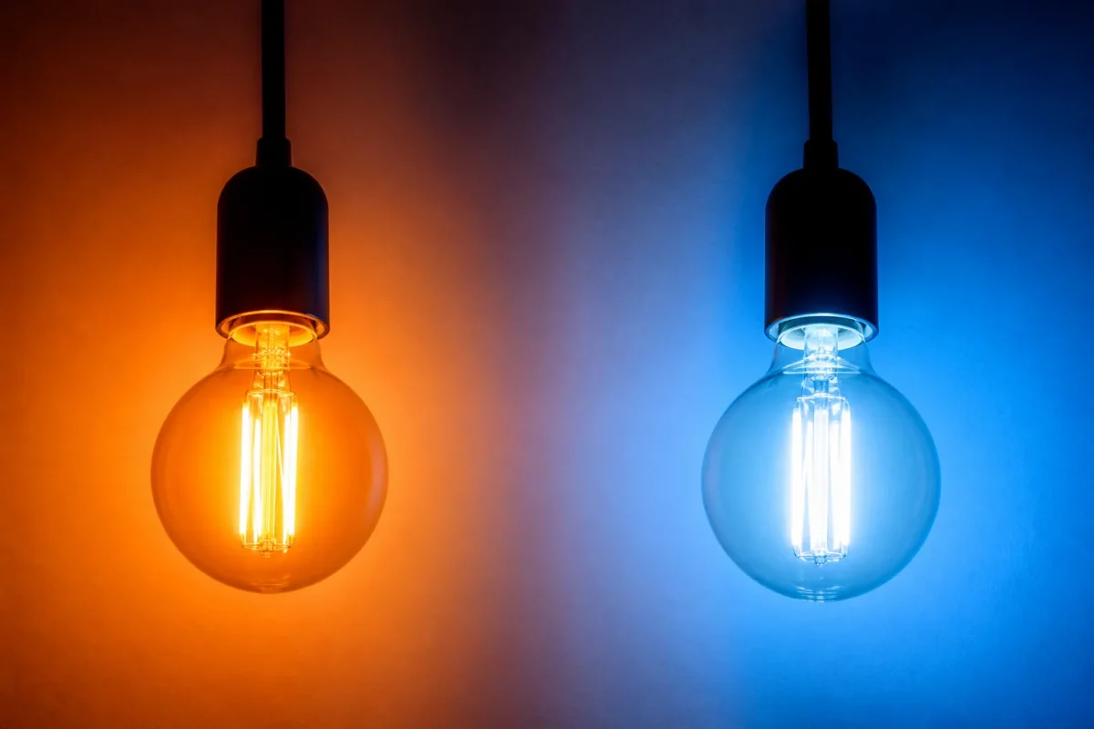 Deux ampoules montrant lumiere orange chaude et bleu froid