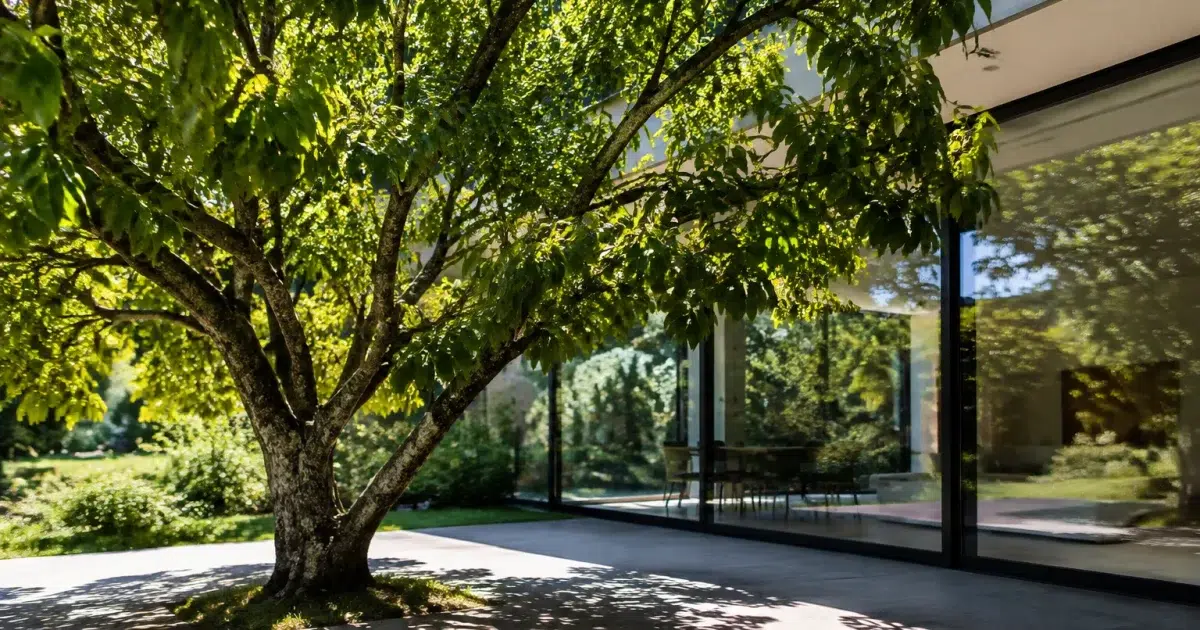 Grand arbre feuillu devant baie vitrée, projette ombre dense sol