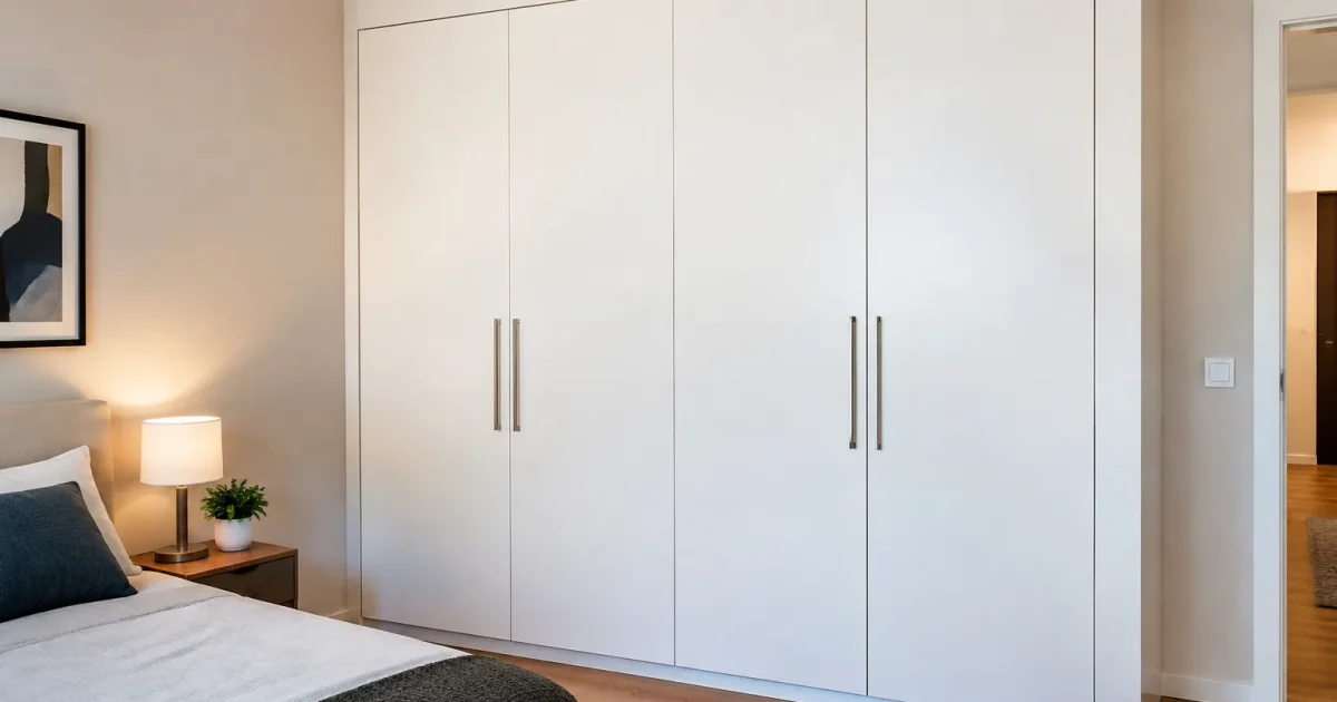 Armoire blanche intégrée au mur de chambre moderne avec portes fermées