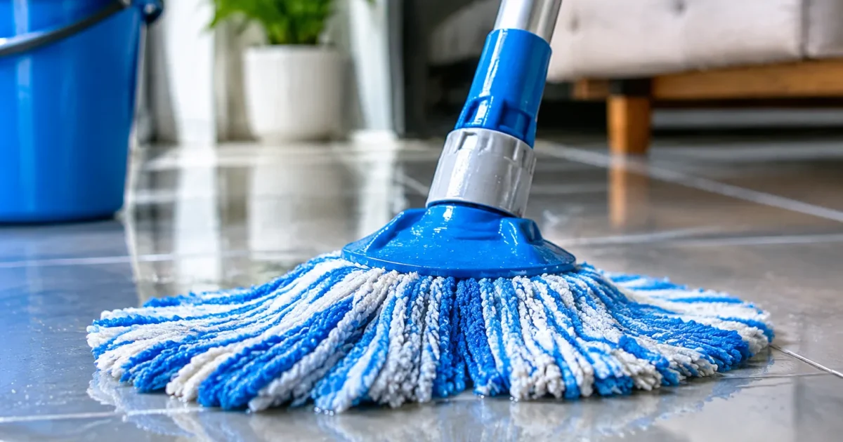 Balai humide pulverisé posé sur carrelage brillant en gros plan