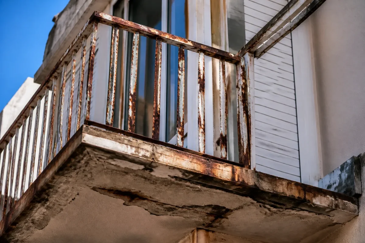 Balcon metal affiche corrosion et oxydation visible