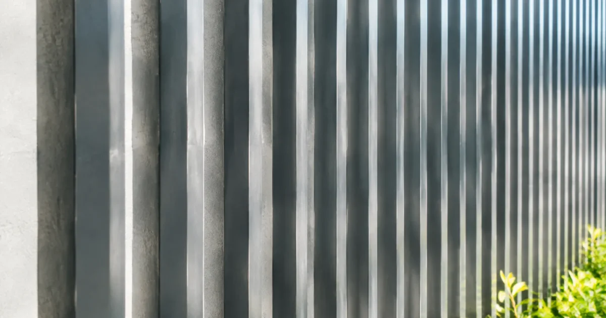 Bandes metalliques grises alignees verticalement sur mur