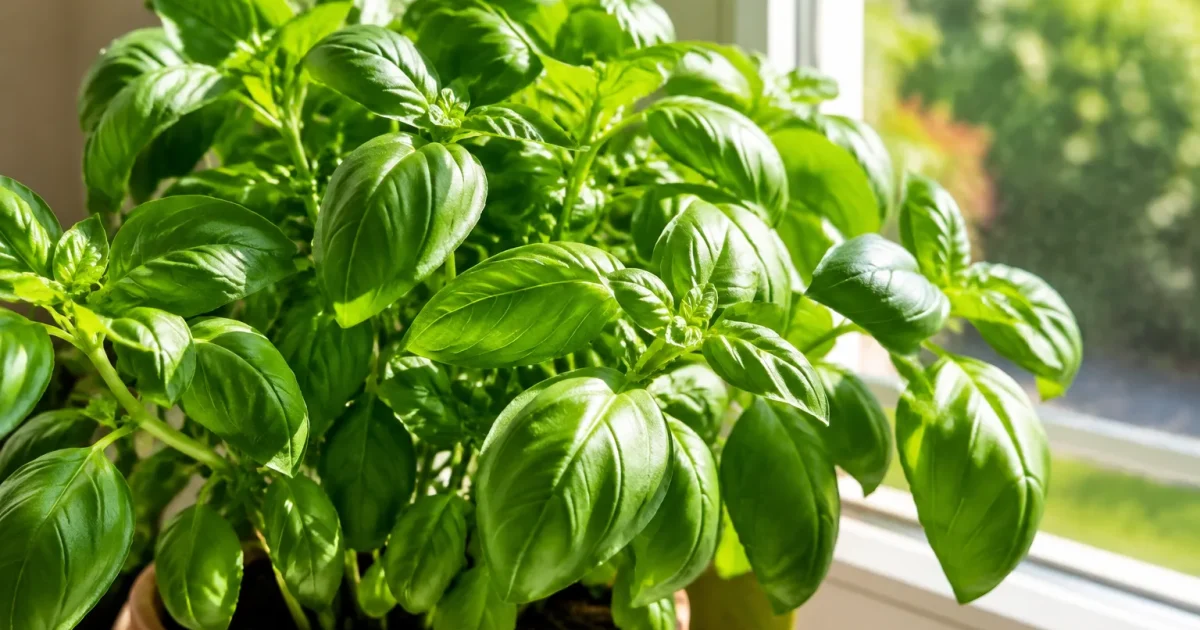 Plante de basilic vert luxuriant placee pres d'une fenetre eclairee