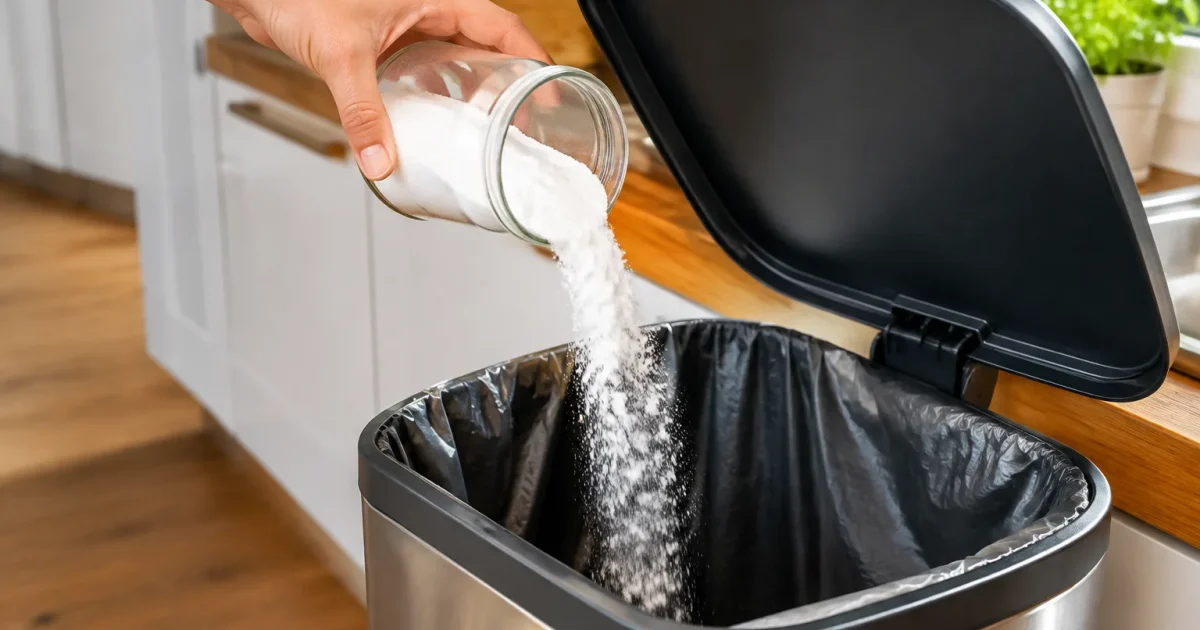 Bicarbonate blanc verse dans poubelle cuisine fermee