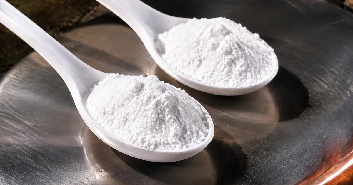 Deux cuilleres blanches de poudre blanche posees sur semelle metallique chauffee