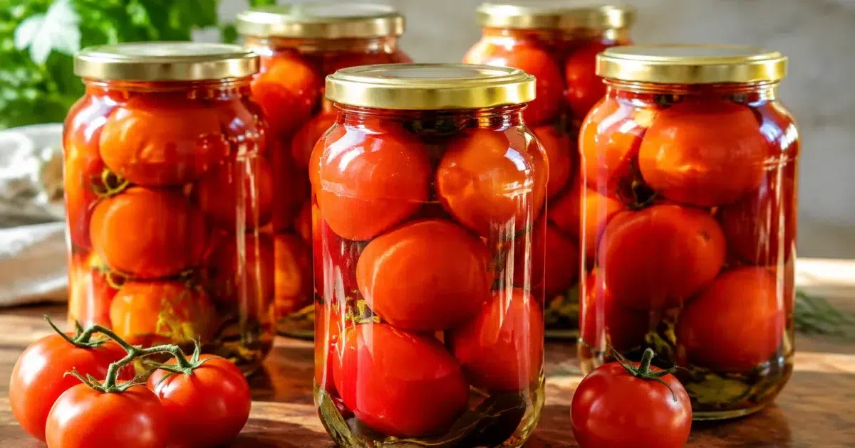 Rangee de bocaux en verre remplis de tomates, posés debout sur table
