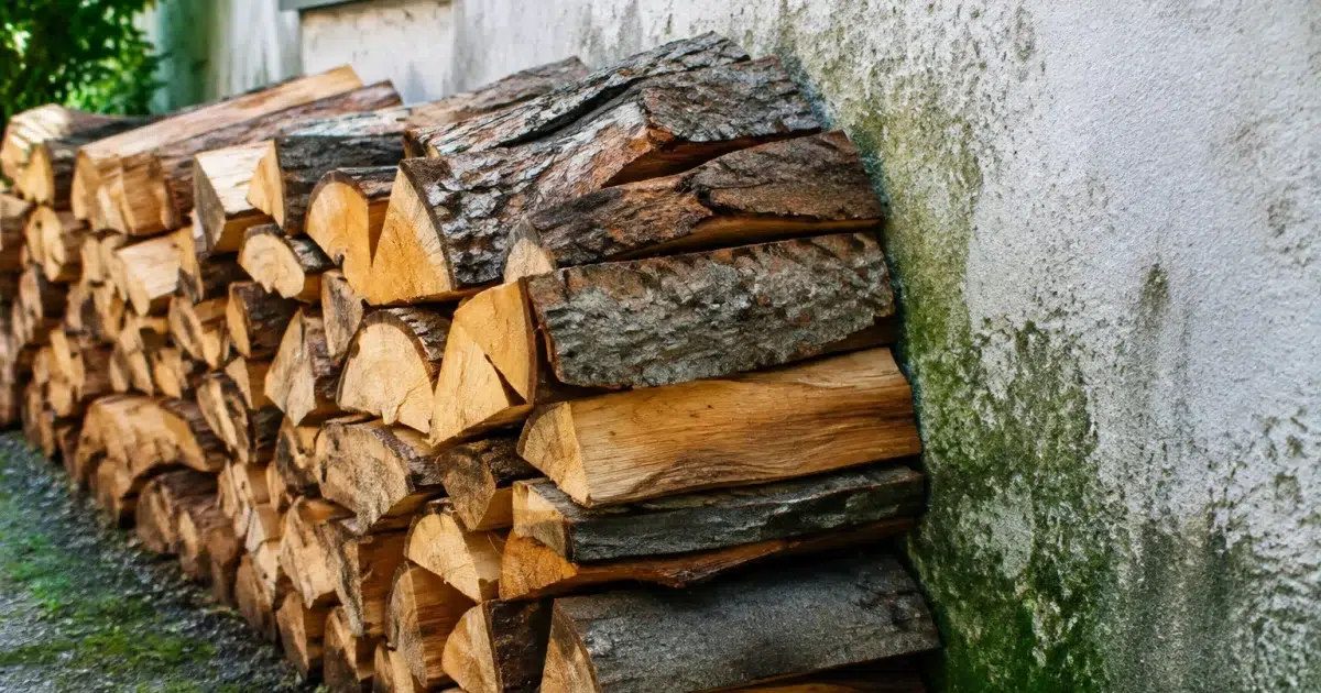 Tas de buches adosse directement contre mur humide maison