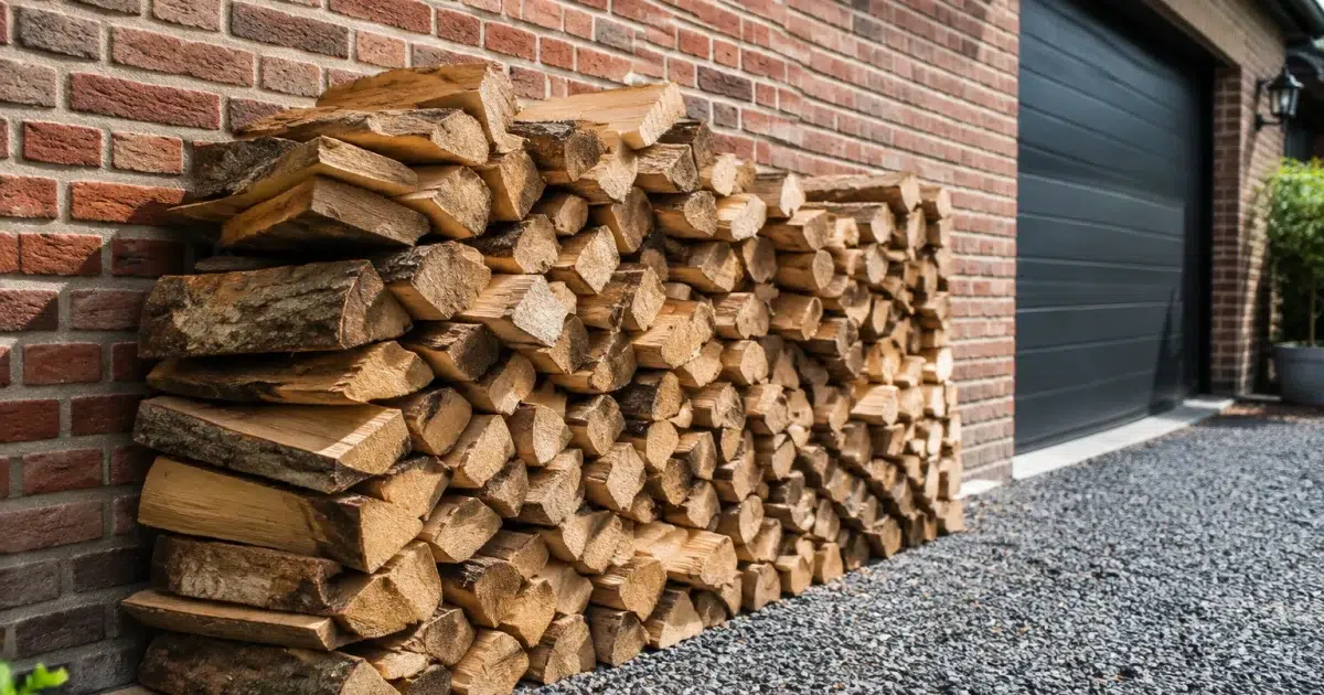 Tas de bois empile contre facade garage en brique