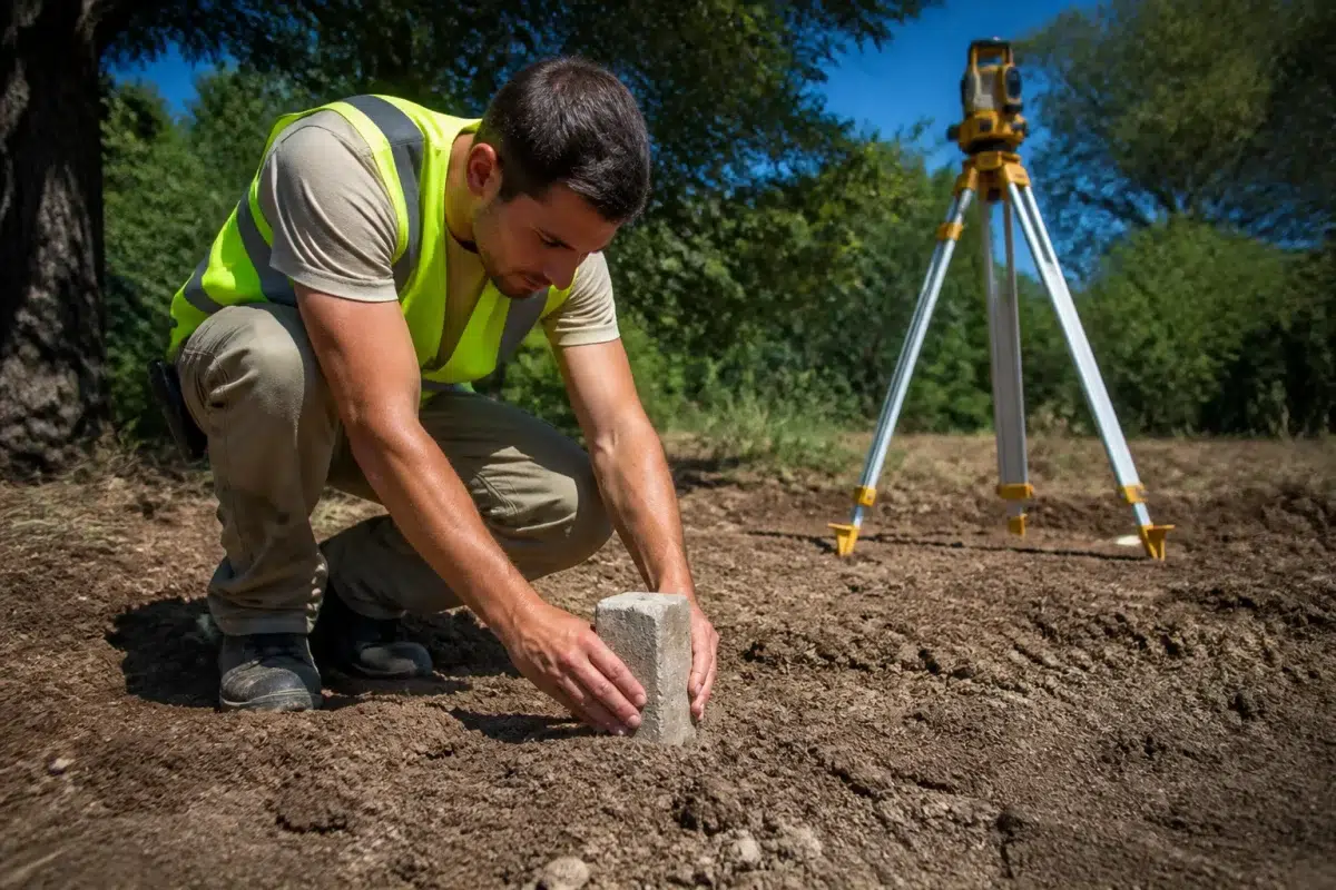 Géomètre plaçant bornes pierre terrain propriété