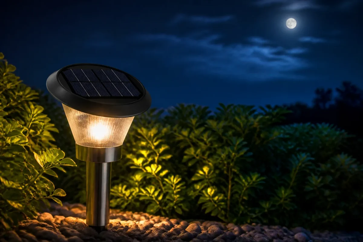 Borne solaire avec panneaux brillant sous lune nocturne