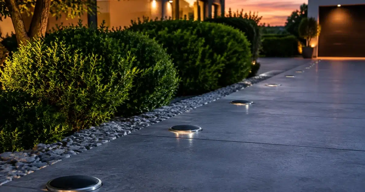 Bornes solaires rétractées au sol pendant la nuit tombante
