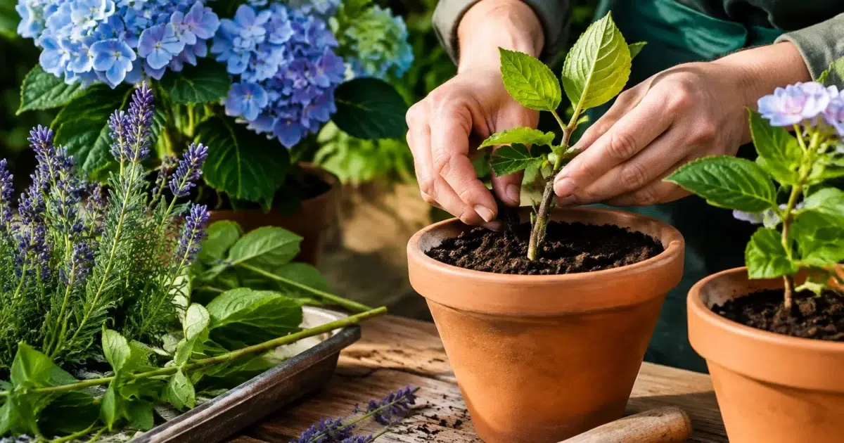 Boutures de lavande et hortensia dans pots terreau, mains plantant tiges.
