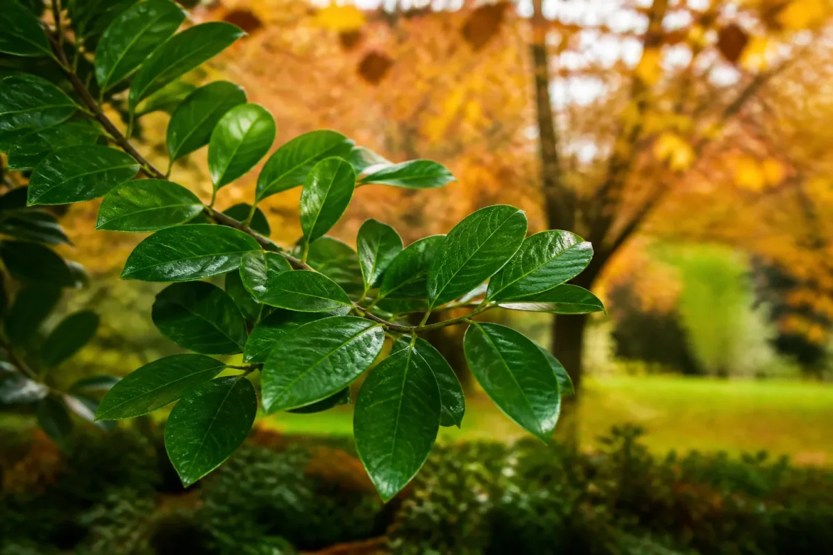 Branche avec feuilles vertes persistant en automne
