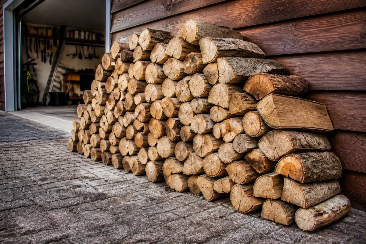 Buches de bois empilees pres du garage