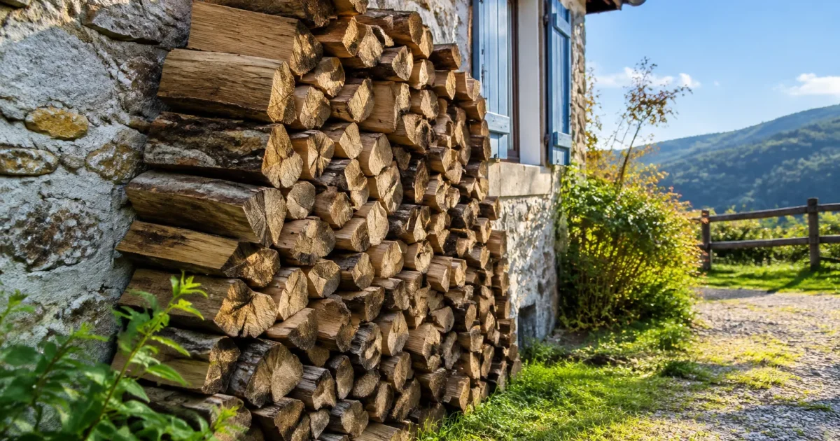 Buches bois entassees verticalement contre facade maison rurale