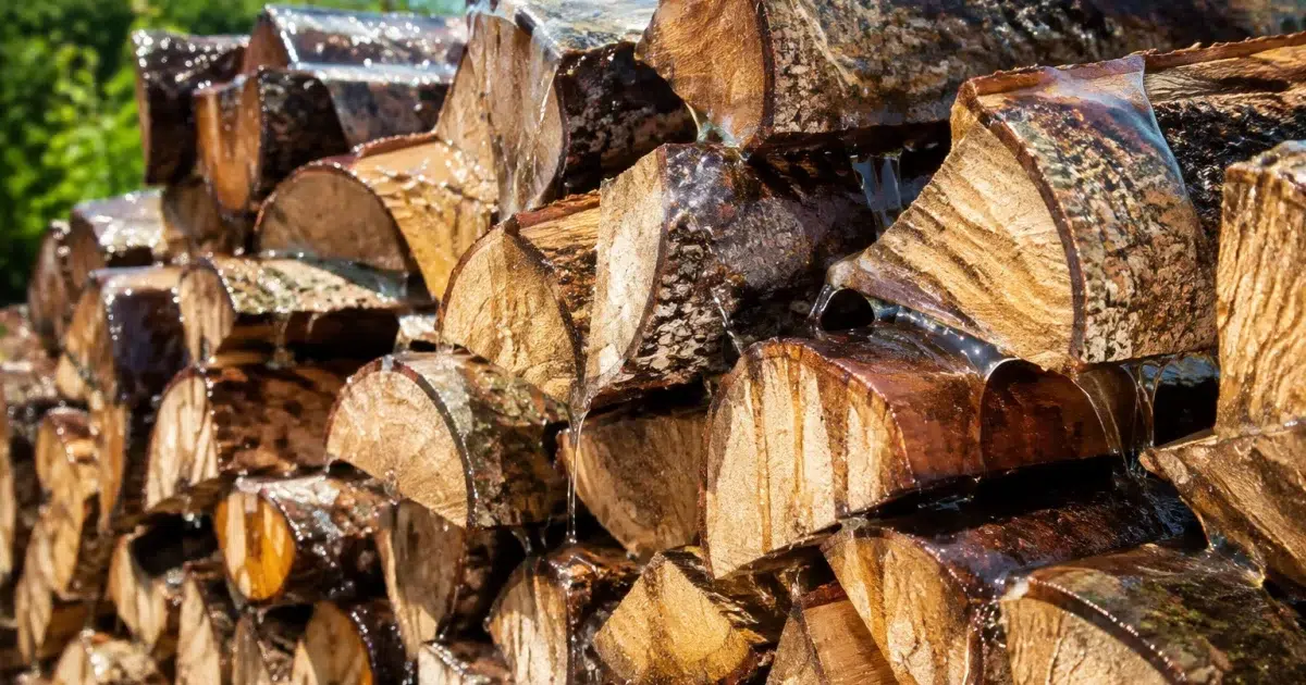 Bûches de bois empilées recouvertes de savon liquide transparent