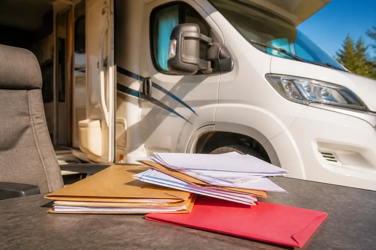 Camping-car avec courrier et documents administratifs francais