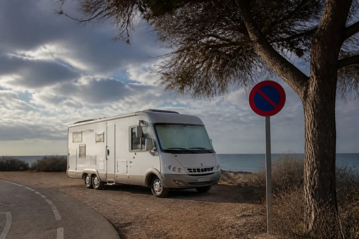Camping-car stationne devant panneau interdiction stationnement nuit