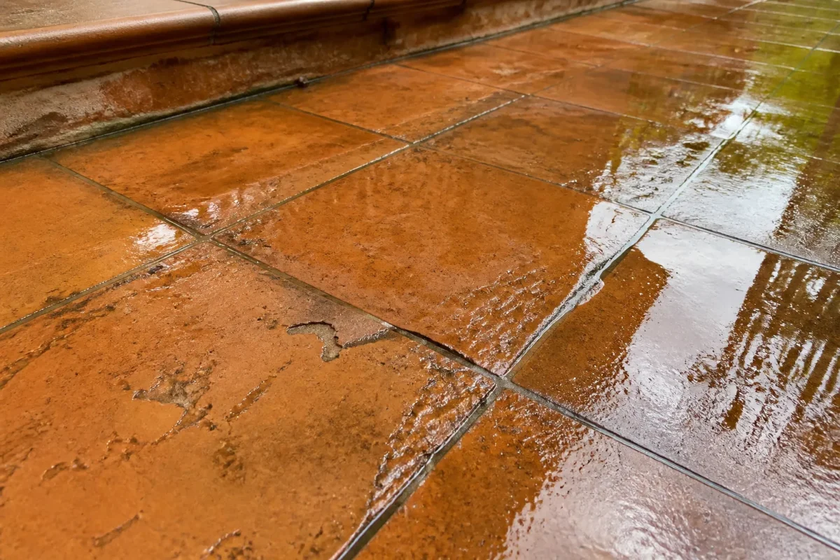 Carrelage humide brillant montrant eau et usure