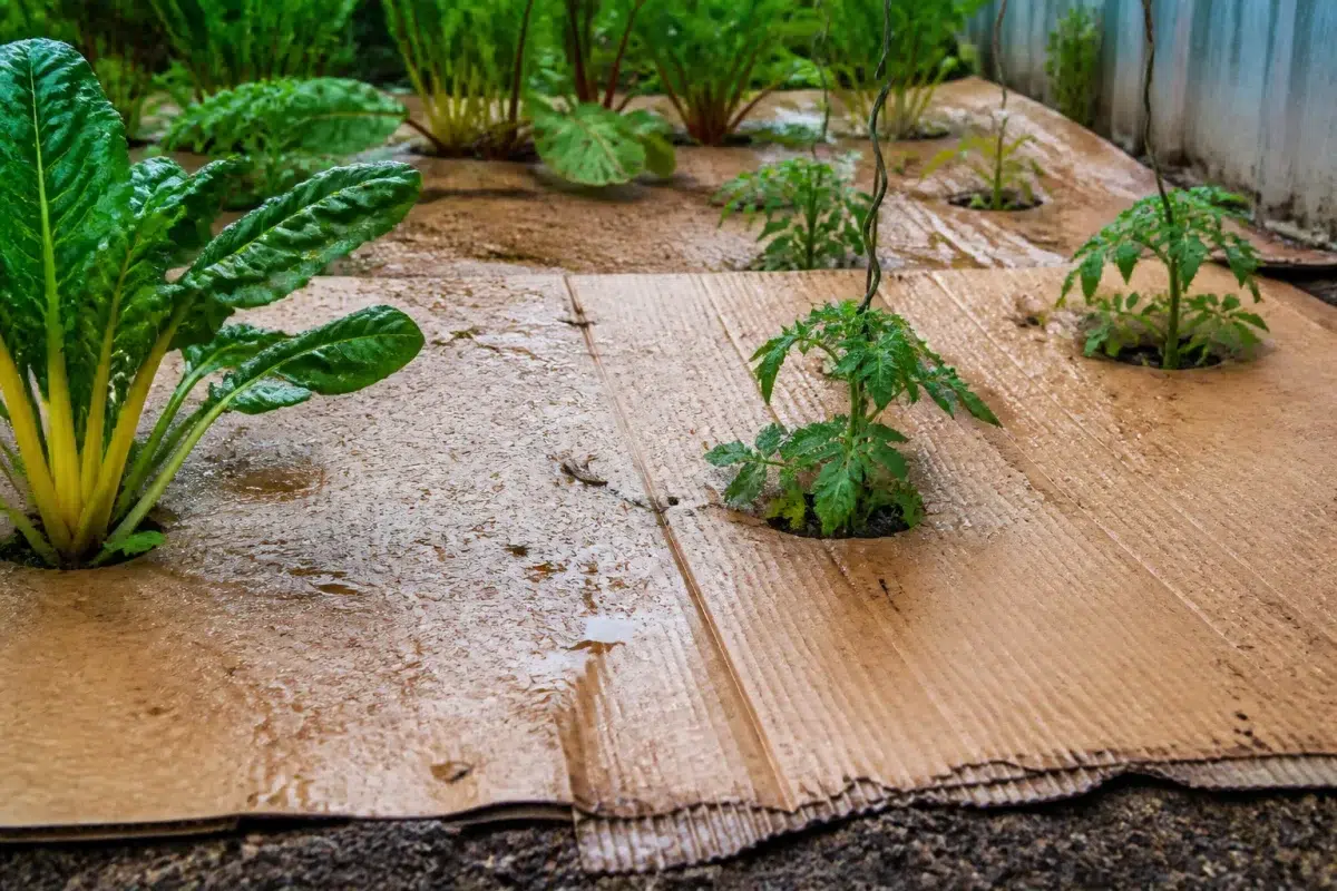 Carton ondule couvrant sol jardin potager humide