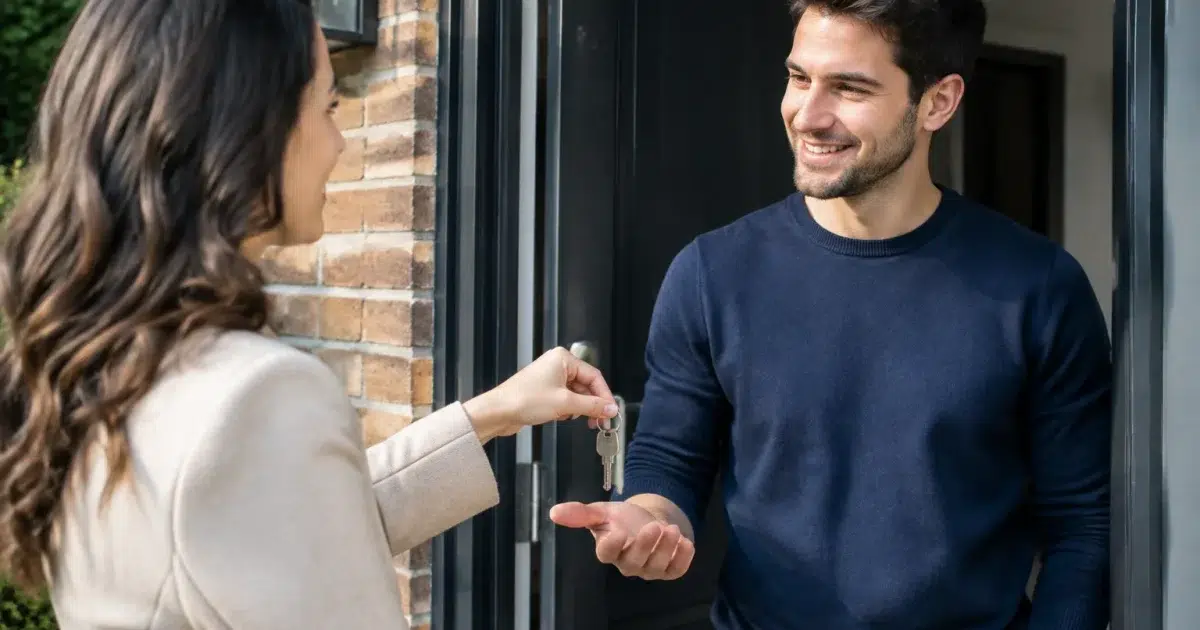 Main tendant une cle de maison a un voisin debout pres d'une porte