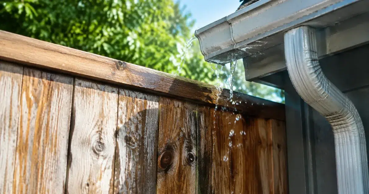 Cloture en bois degradee par l'eau s'echappant d'une gouttiere