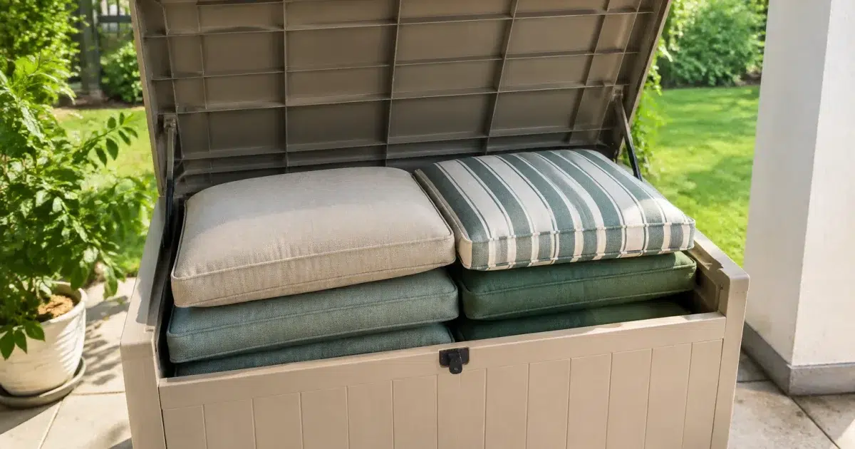 Coffre de rangement beige ouvert contenant des coussins d'extérieur empiles