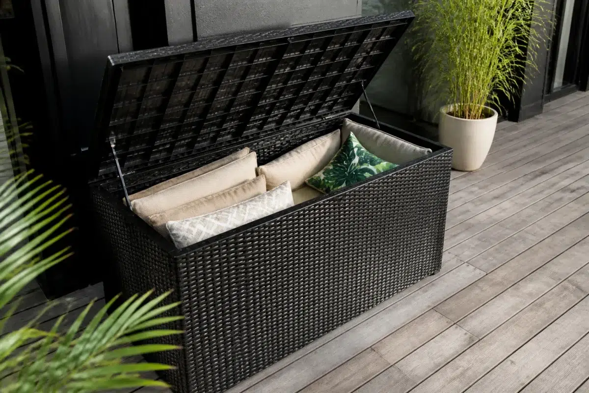 Coffre de rangement ouvert contenant des coussins empilés sur terrasse