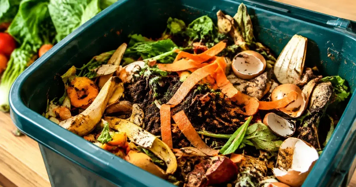 Compost de cuisine dans un bac rempli de pelures et dechets organiques