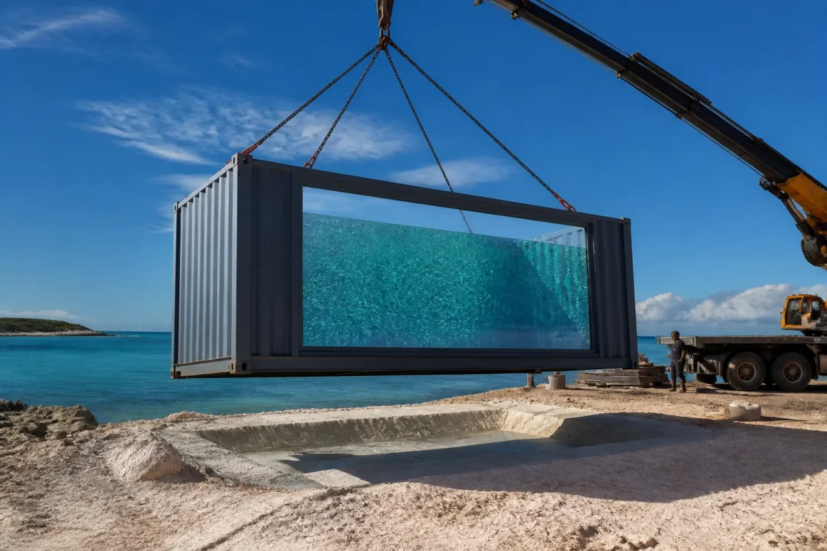Conteneur piscine installe par grue sur sable