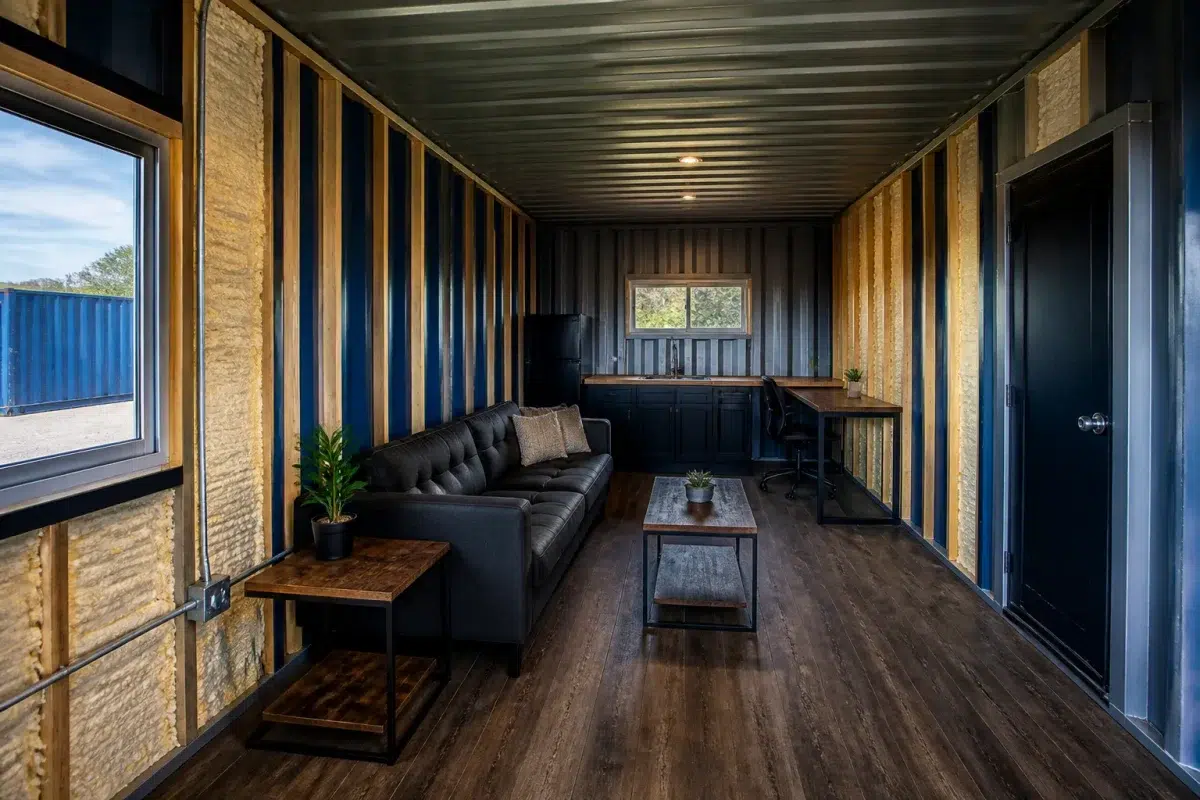 Interieur conteneur metallique transforme avec isolation visible et amenagements fonctionnels